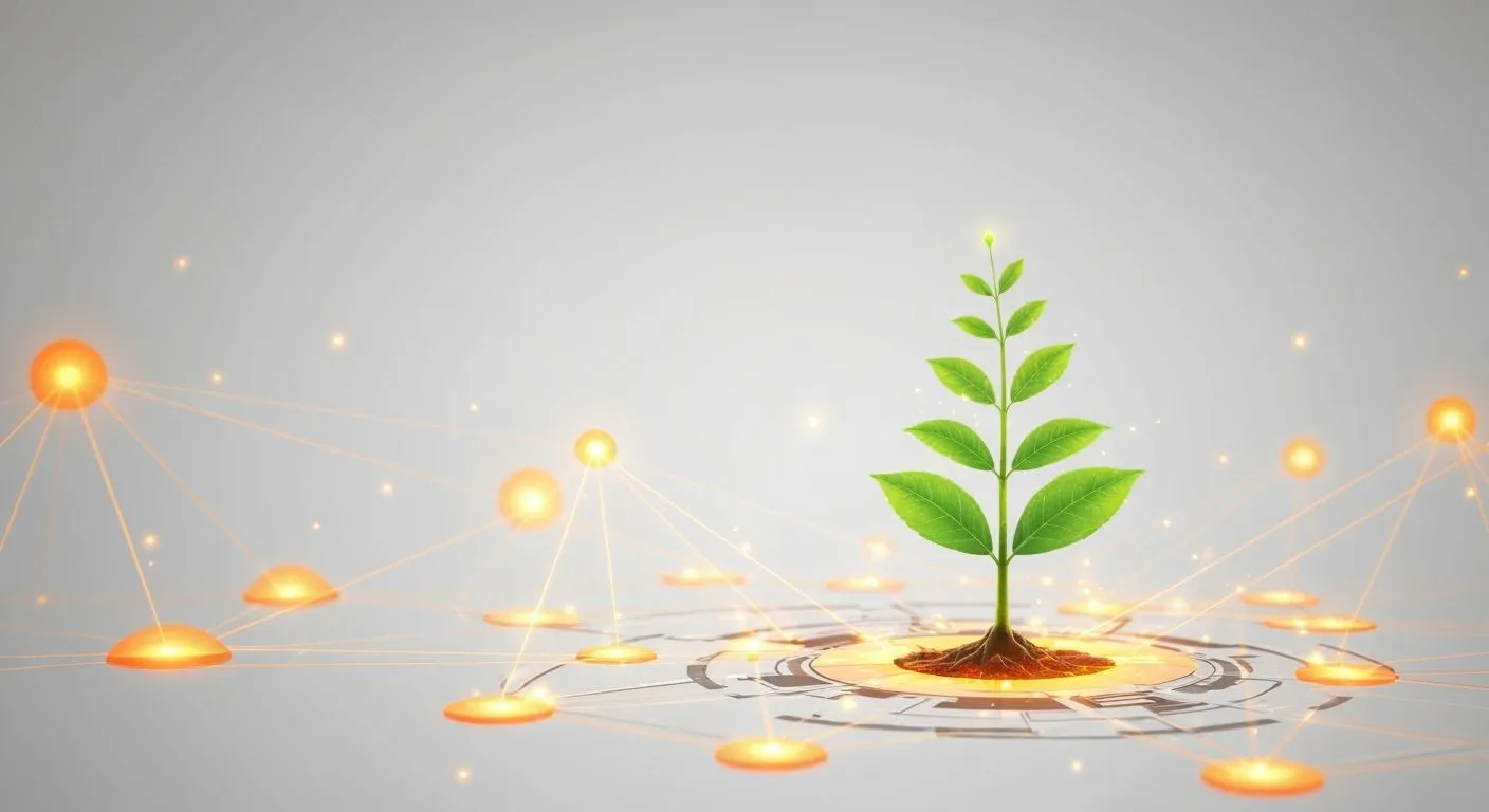 Hero image of glowing orange nodes interconnected and a green plant growing within the network